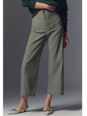 Anthropologie The Colette Linen Wide-Leg Pants Magic Green Contrast 30